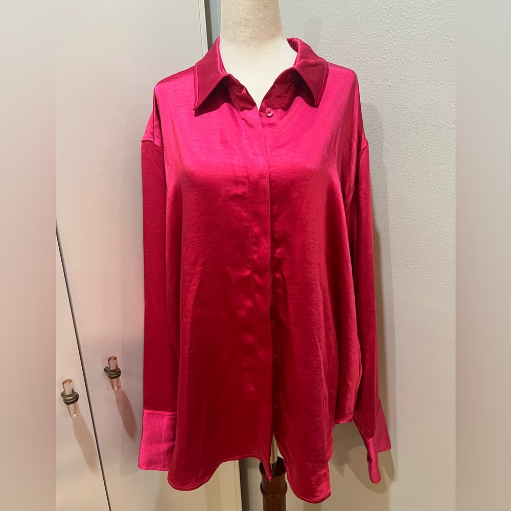 Good American Fuchsia Satin Button Down Shirt